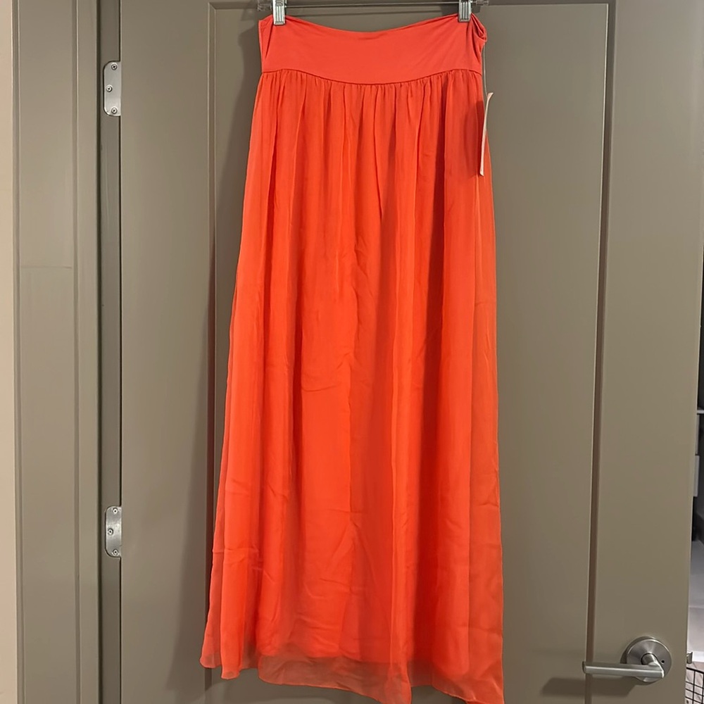 Luna Luz | Ruffle Asymmetrical Hem Bright Coral Cotton Maxi Skirt- M